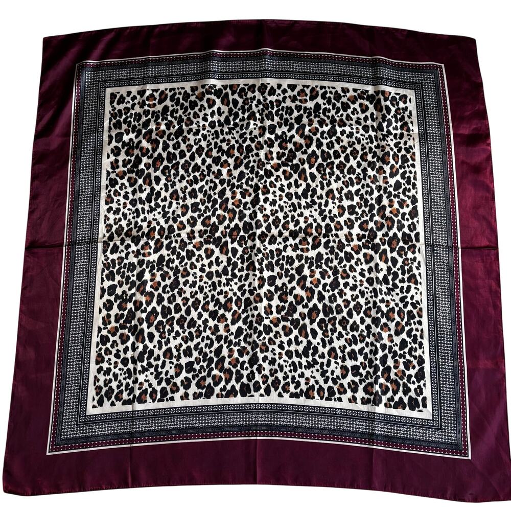 Silky feel scarf large square satin finish burgundy red & animal print center